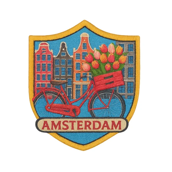 Geborduurde patch Amsterdam fiets grachtenpand