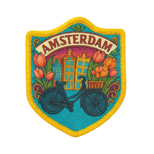 Geborduurde patch Amsterdam fiets tulpen