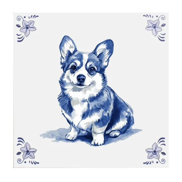 Delfts blauw tegeltje corgi hond