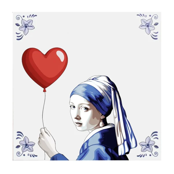 Delfts blauw tegeltje Meisje met de parel ballon
