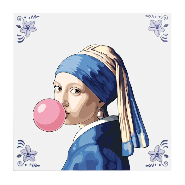 Delfts blauw tegeltje Meisje met de parel kauwgom