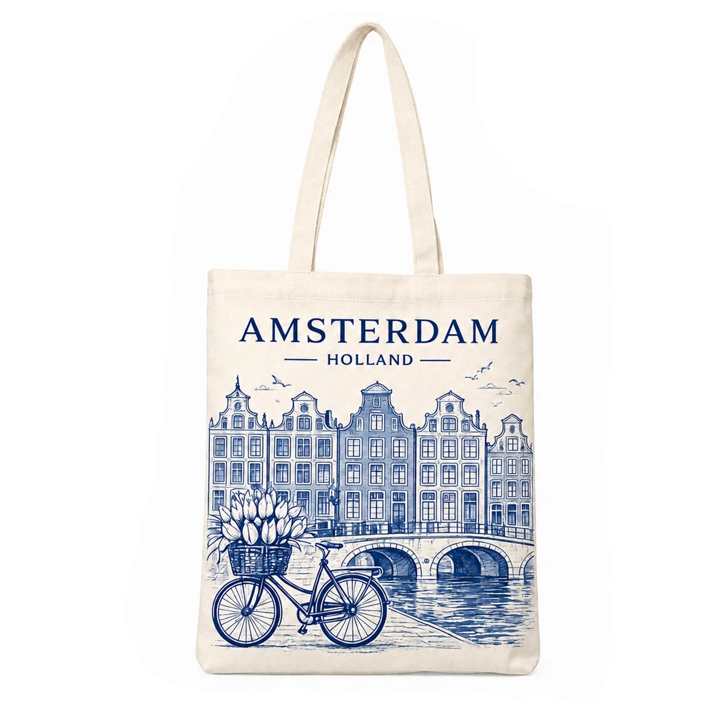 Canvas tas print Amsterdam grachtenpanden delfts blauw