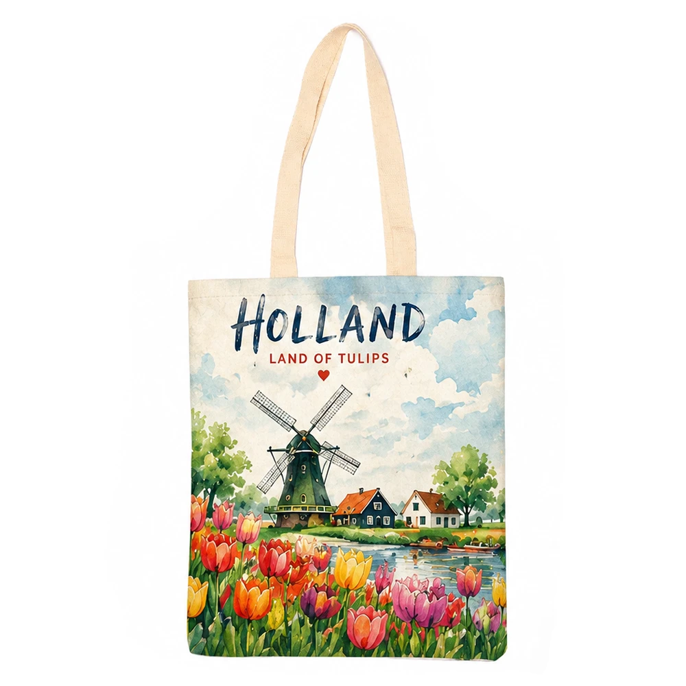 Canvas tas print Holland molen met tulpen