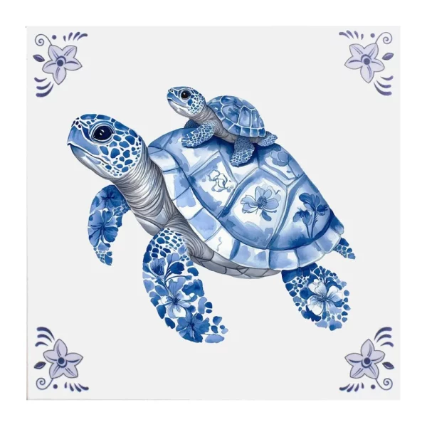 Delfts blauw tegeltje Schildpad met baby